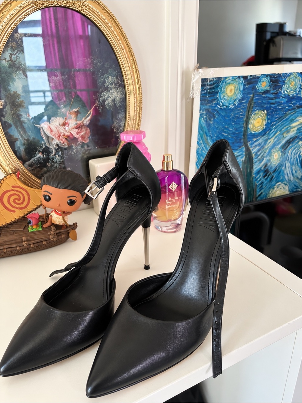 DKNY Black Leather Stiletto Heel with Silver-Tone Metal Heel
